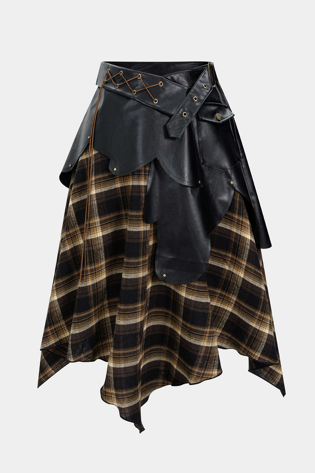 Plus Size Color Block Plaid Print Faux Leather Patchwork Tie-Up Asymmetrical Pocket Skirt