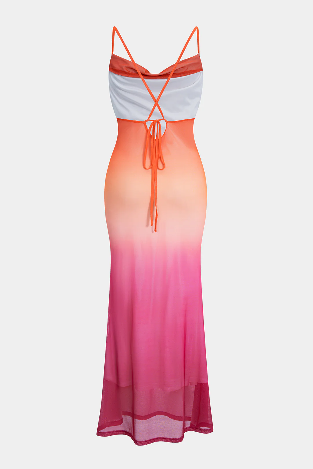 Ombre Print Mesh Ruched Tie Back Slip Maxi Dress - Image 3