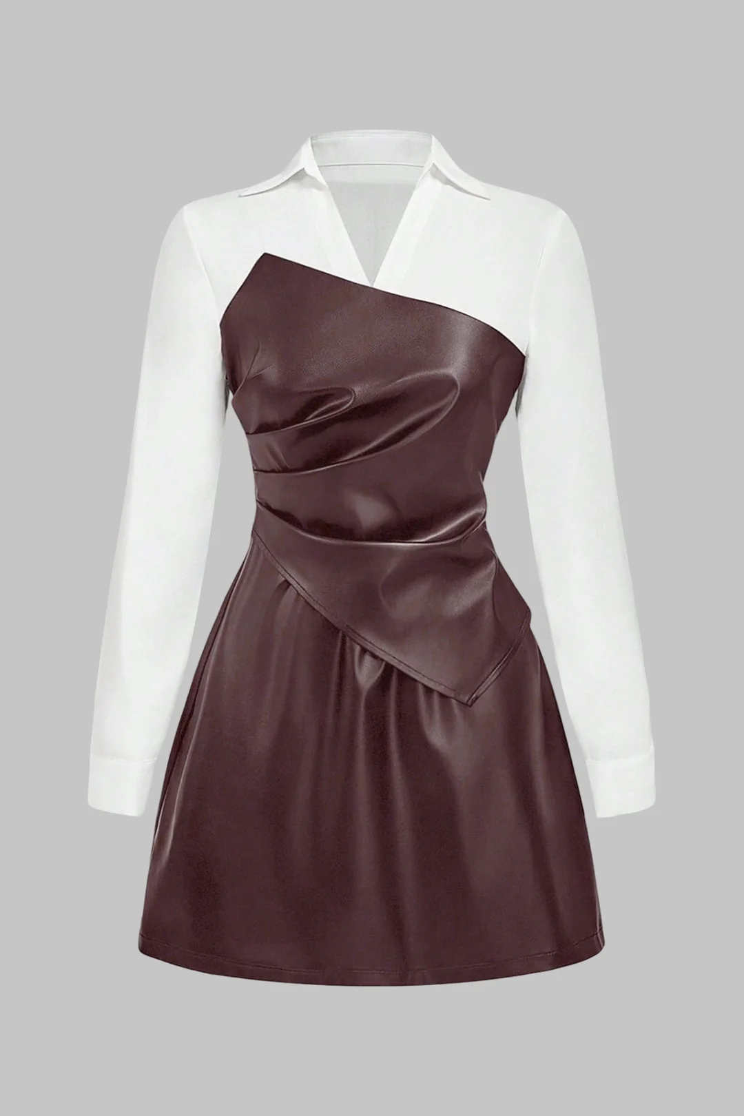 Faux Leather Patchwork Asymmetrical Ruched Long Sleeve Mini Dress