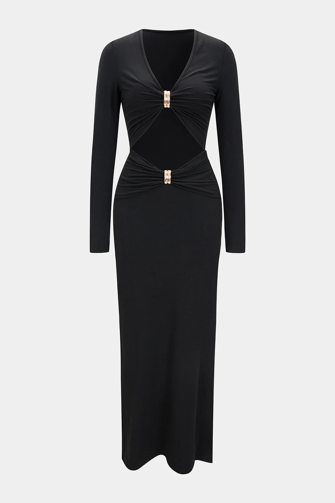 Metallic Decor V-Neck Cut Out Long Sleeve Maxi Dress