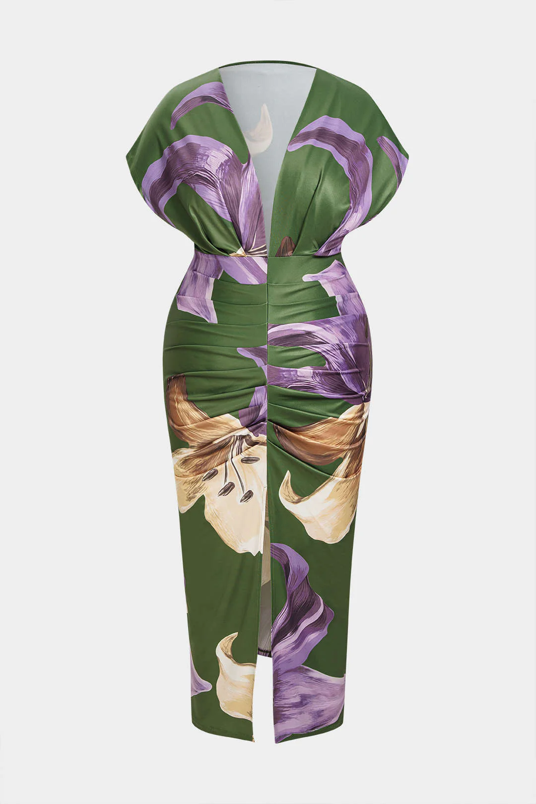 Plus Size Floral Print Deep V-Neck Ruched Sleeveless Midi Dress