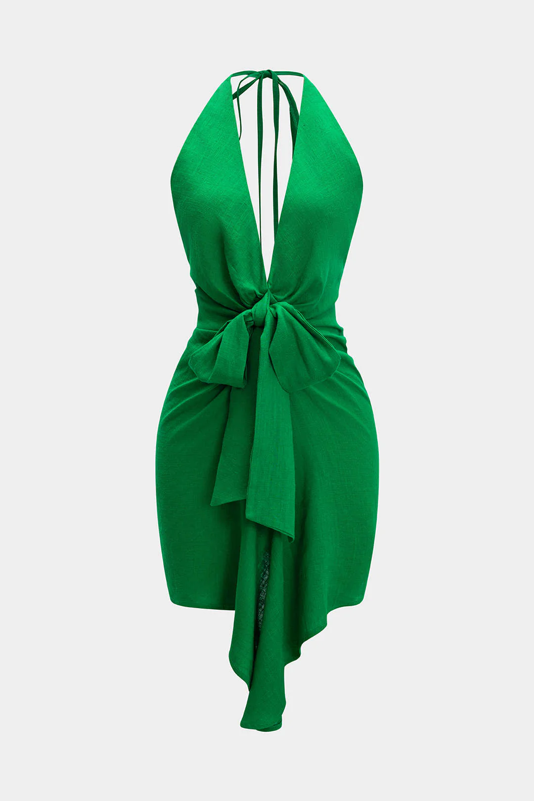 Linen Tie Front V-Neck Halter Neck Ruched Backless Sleeveless Mini Dress - Image 2