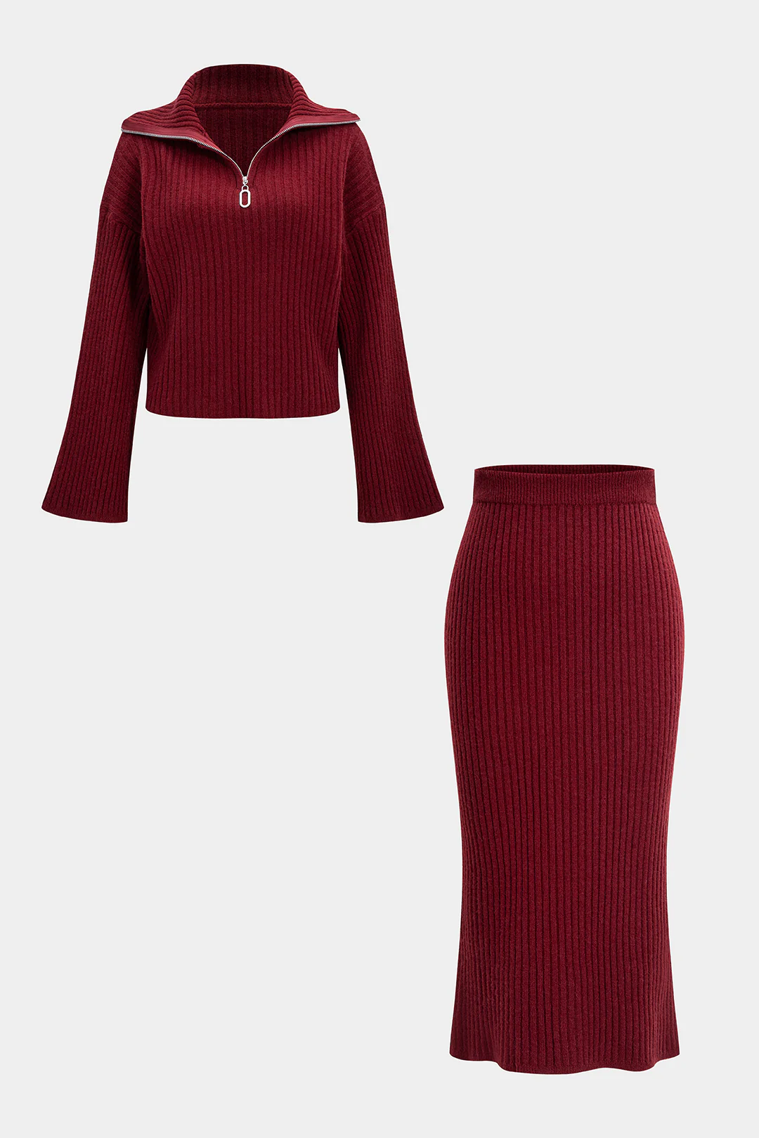 Knit Ribbed Zipper Collar Long-Sleeve Top And Skirt Set - Image 2
