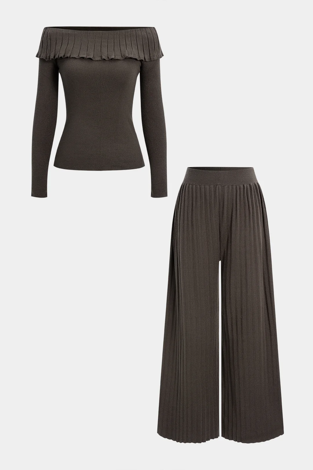 Knit Off Shoulder Ruffle Long-Sleeve Top And Wide Leg Pants Set