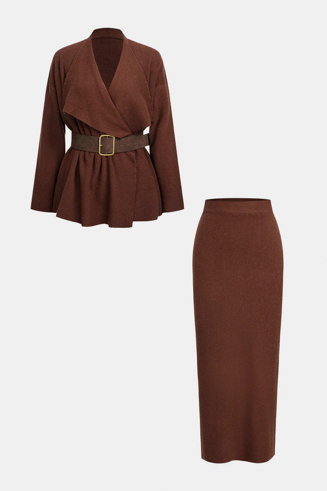 Knit Crossed Belted Long-Sleeve Top And Split Skirt Set