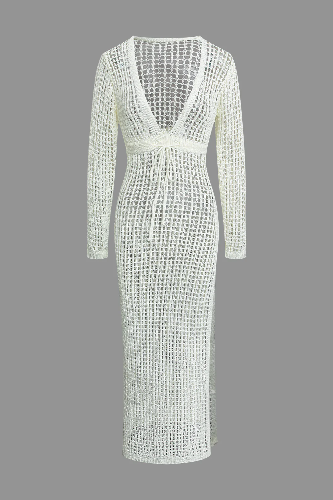 Knit V-Neck Cut Out Tie Up Long Sleeve Dress