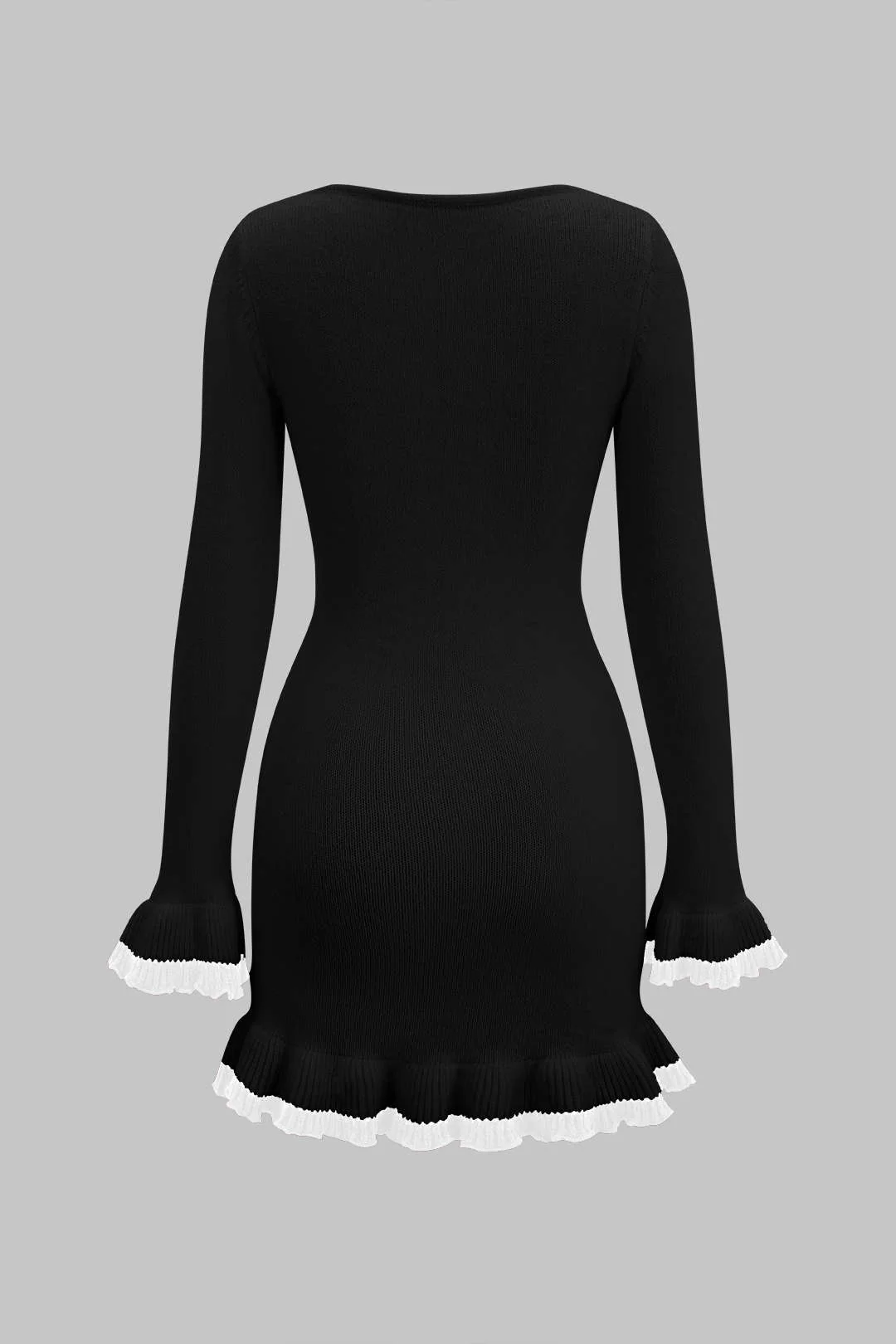 Knit Contrast Ruffle Binding Long Sleeve Dress - Image 2