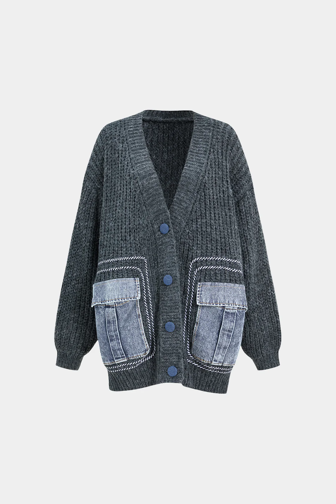 Denim Patchwork Button Pocket Sweater Cardigan - Image 5