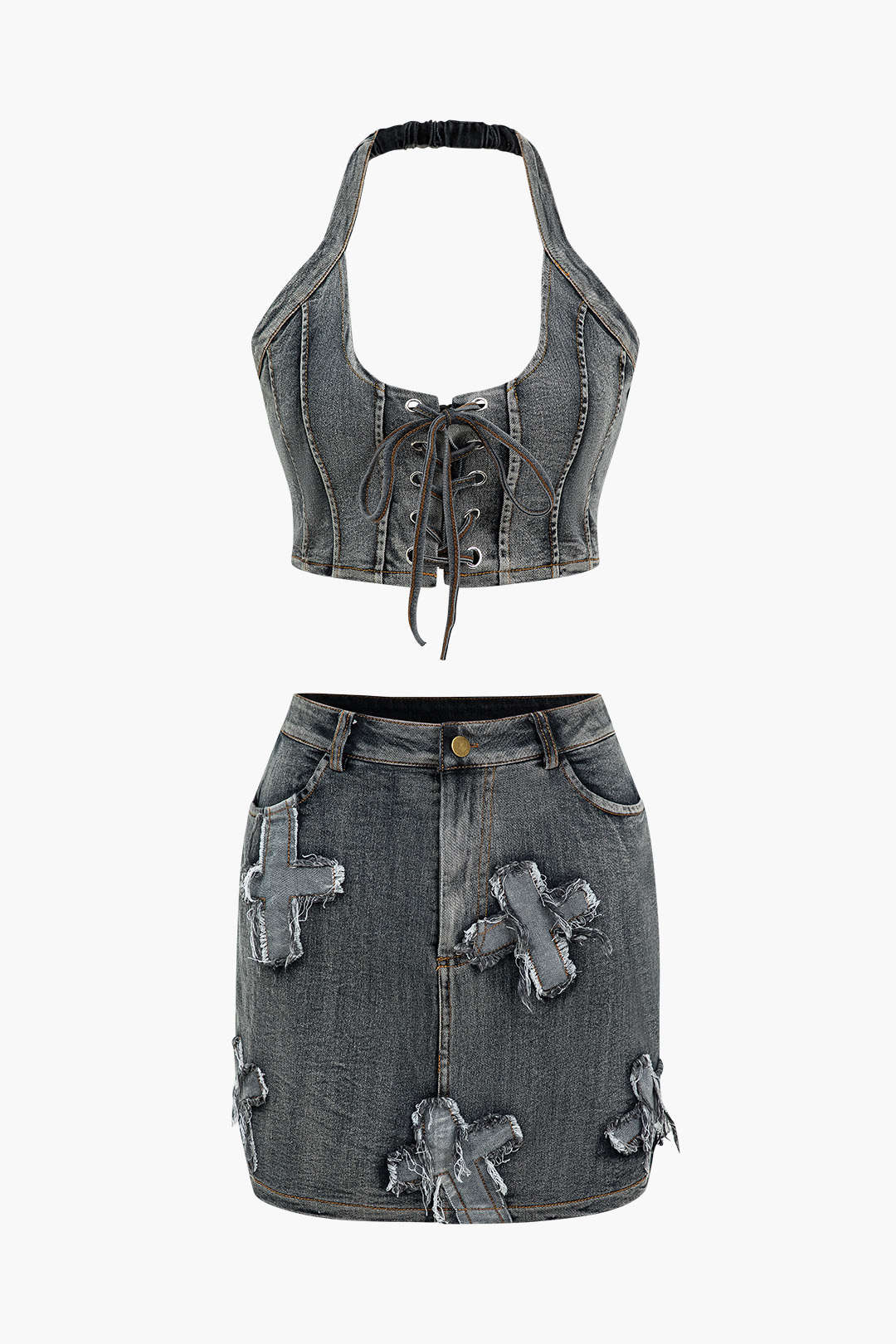 Denim Tie Up Halter And Mini Skirt Set - Image 8