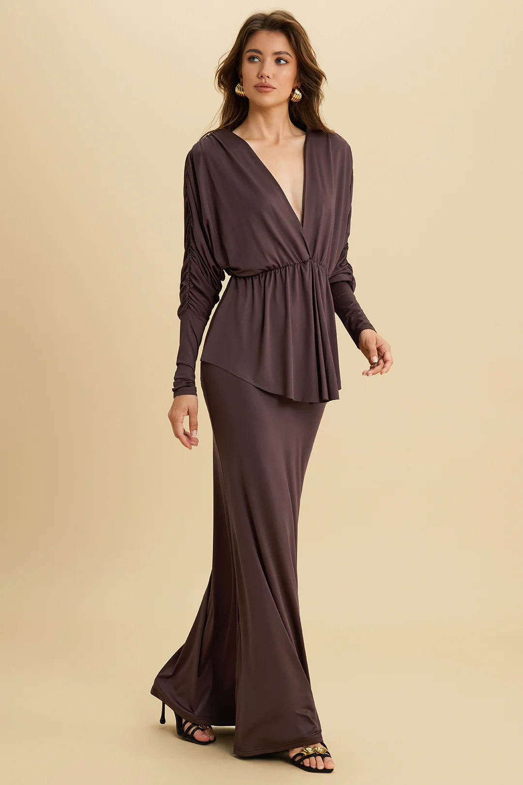 V-Neck Ruffle Long-Sleeve Top And Skirt Set