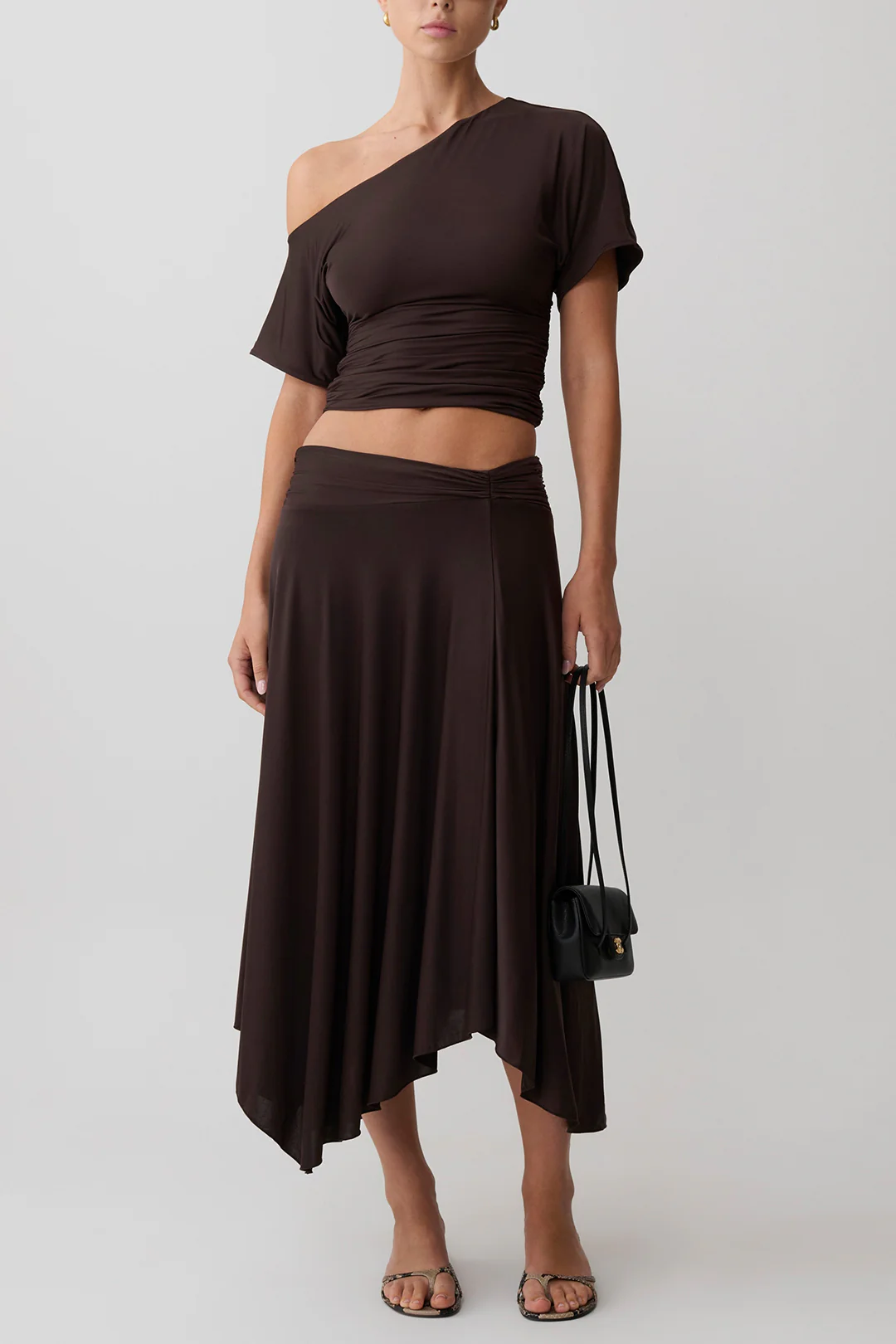 One Shoulder Short Sleeve Top And Asymmetrical Hem Ruched Skirt Set