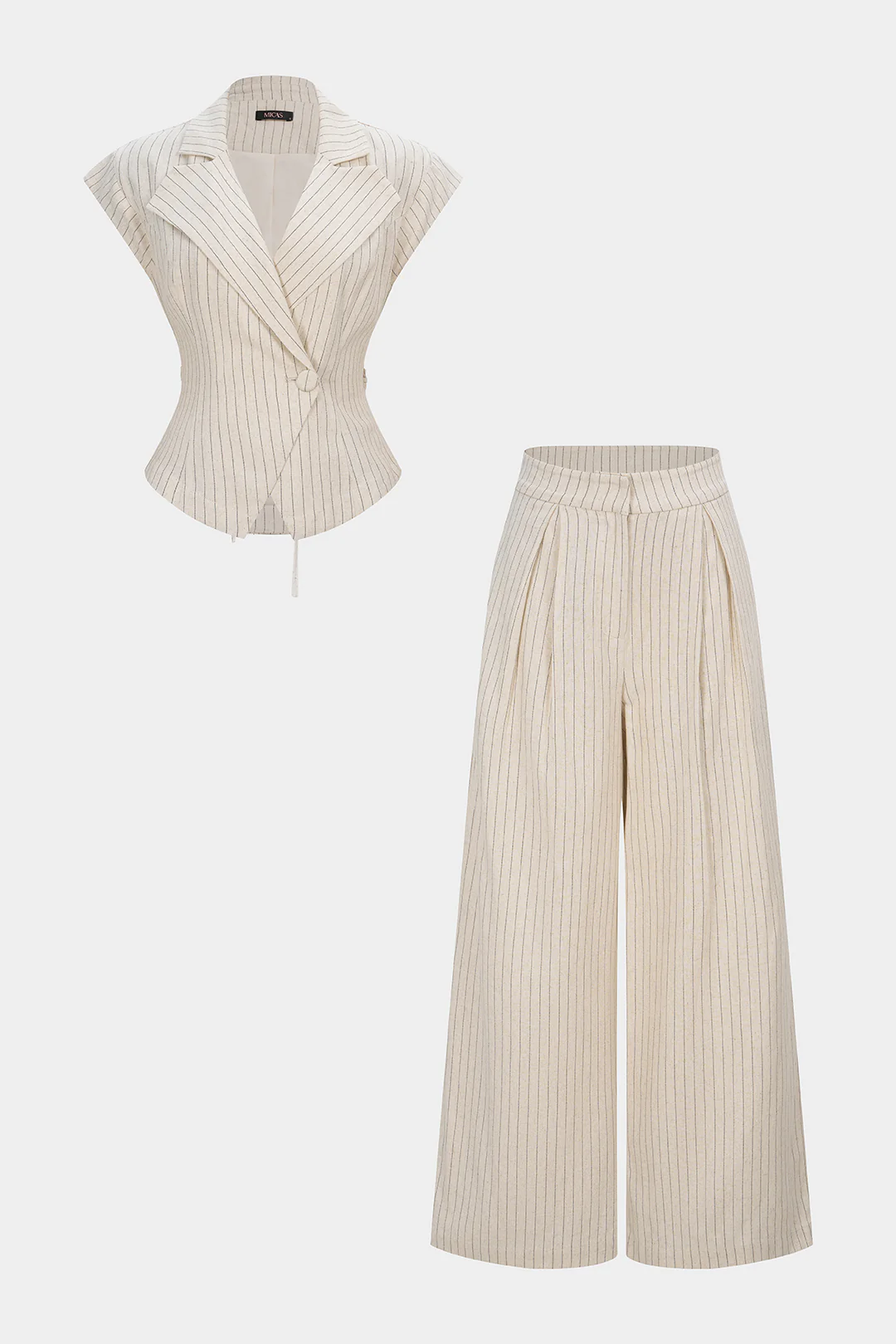 Stripes Print Linen Notched Lapel Tie Back Blazer And Wide Leg Pants Set