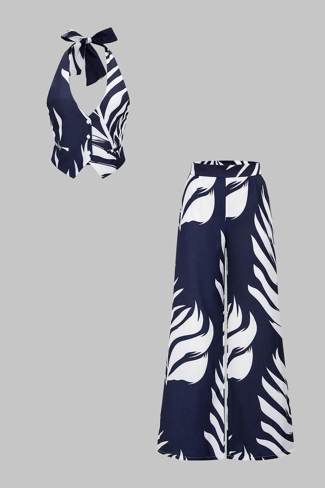 Contrast Leaves Print Halter V-Neck Tie-Up Top And Wide Leg Pants Set