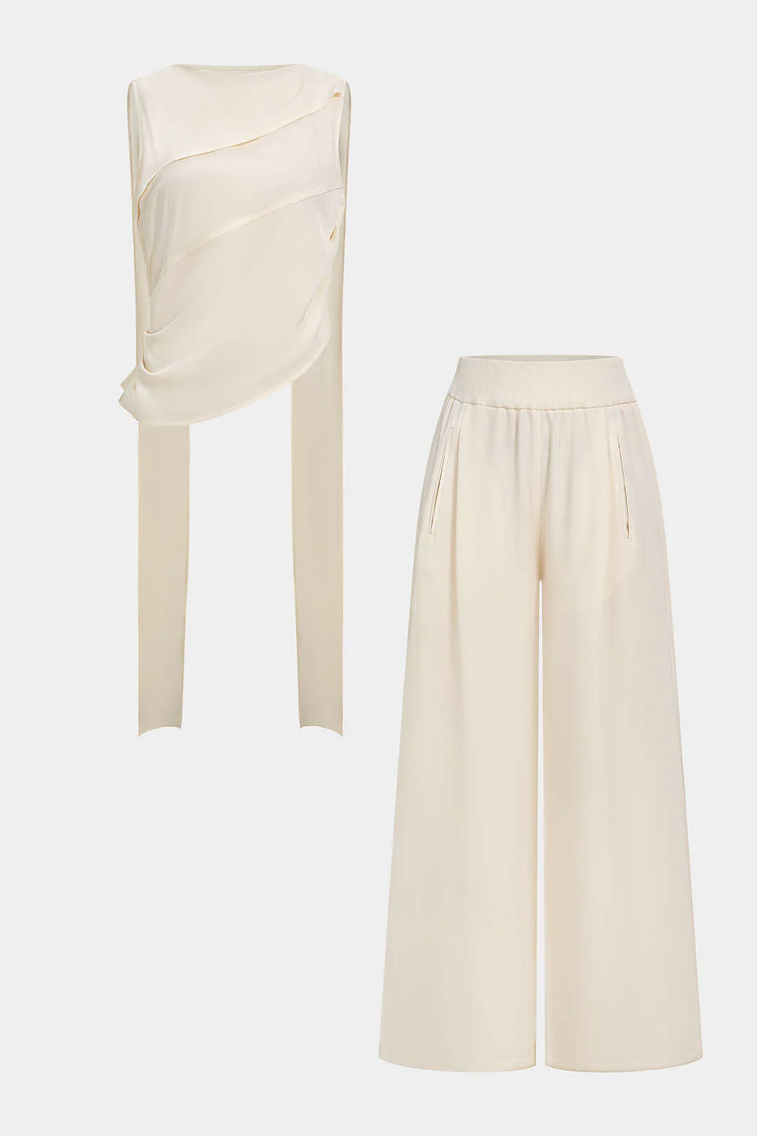 Asymmetrical Round Neck Ruched Tank Top And Pocket Wide Leg Pants Set