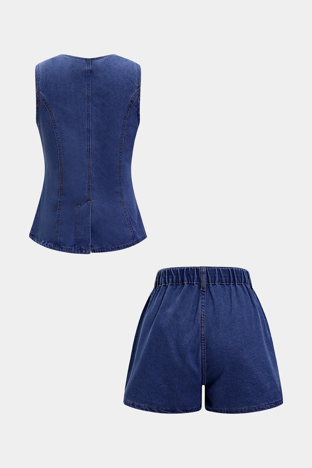 Denim Round Neck Button Sleeveless Top And High Waist Pocket Shorts Set - Image 2