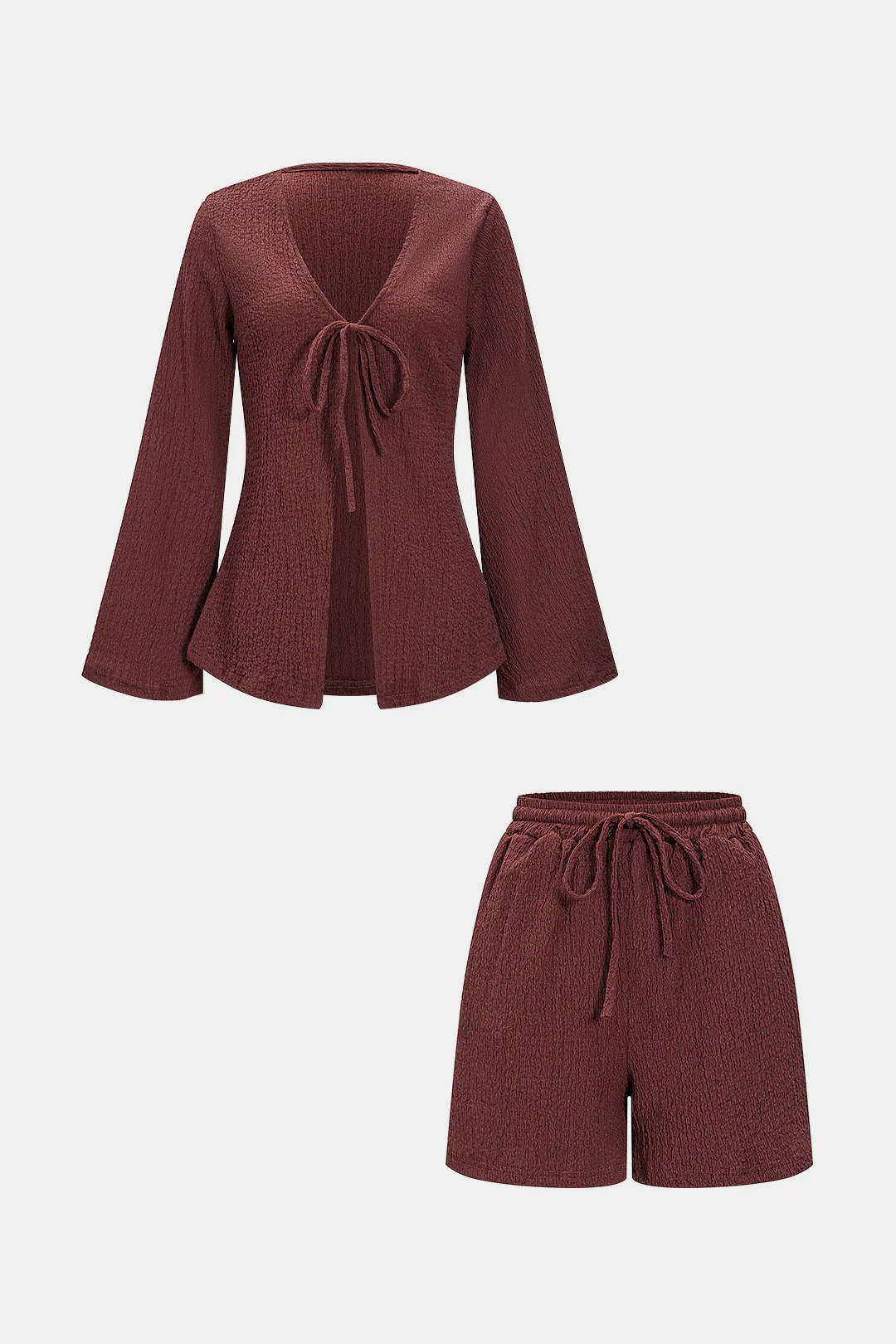 Tie-Up Ribbed Long-Sleeve Top And Shorts Set - Image 5