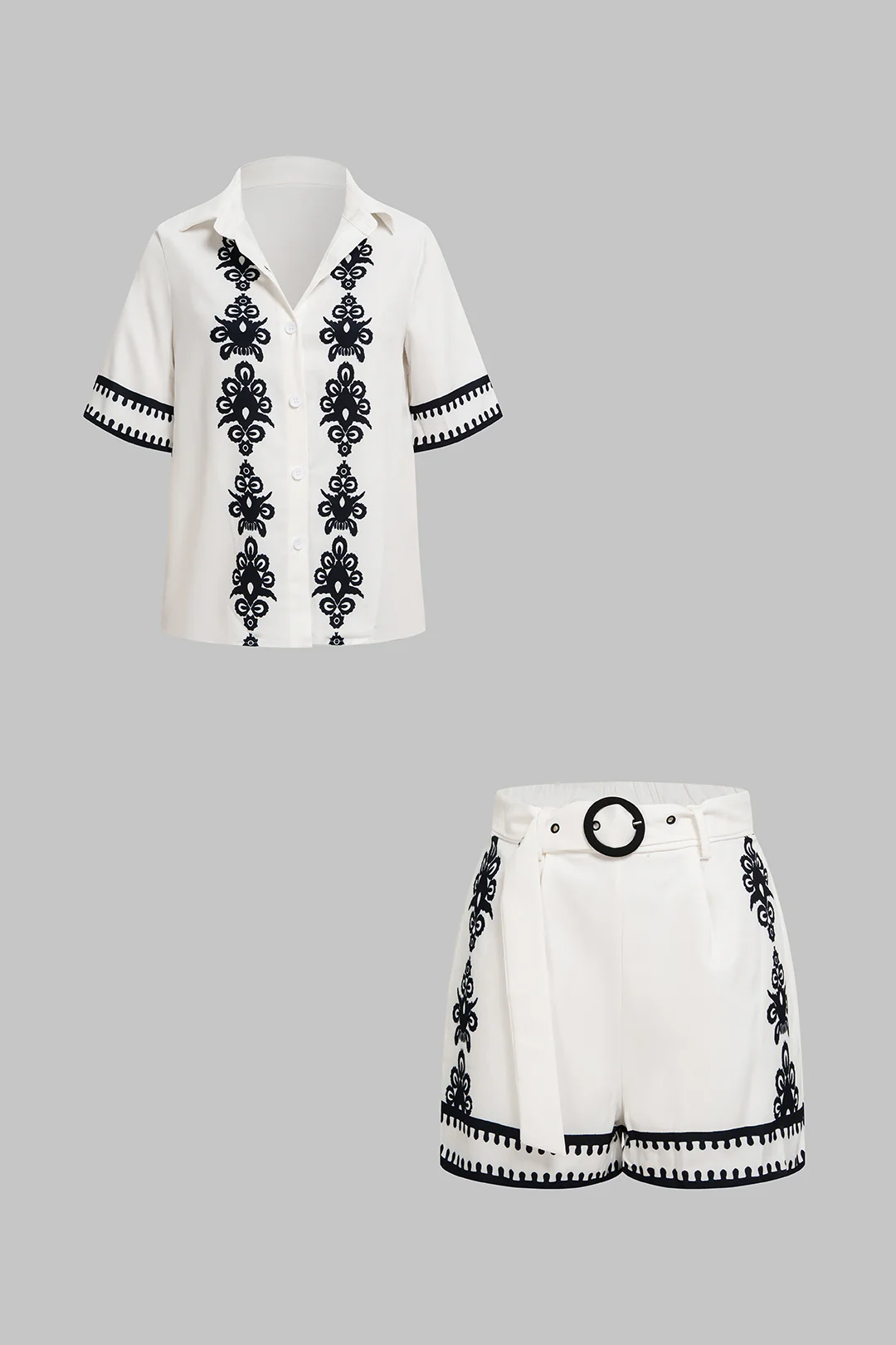 Contrast Print Button Short Sleeve Shirt And Belted Shorts Set