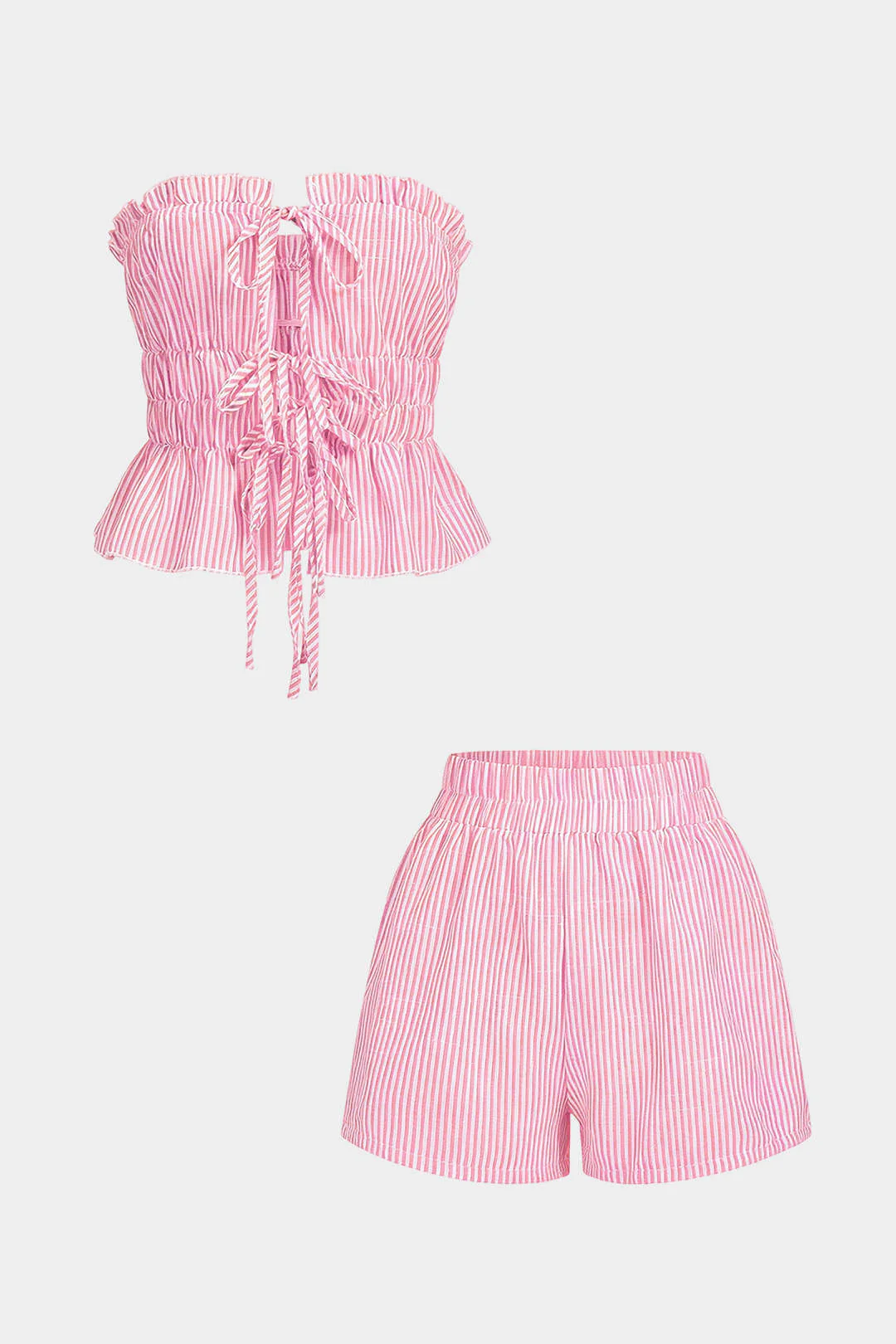 Stripes Print Ruffle Tie-Up Tube Top And Shirred Waistband Shorts Set - Image 5