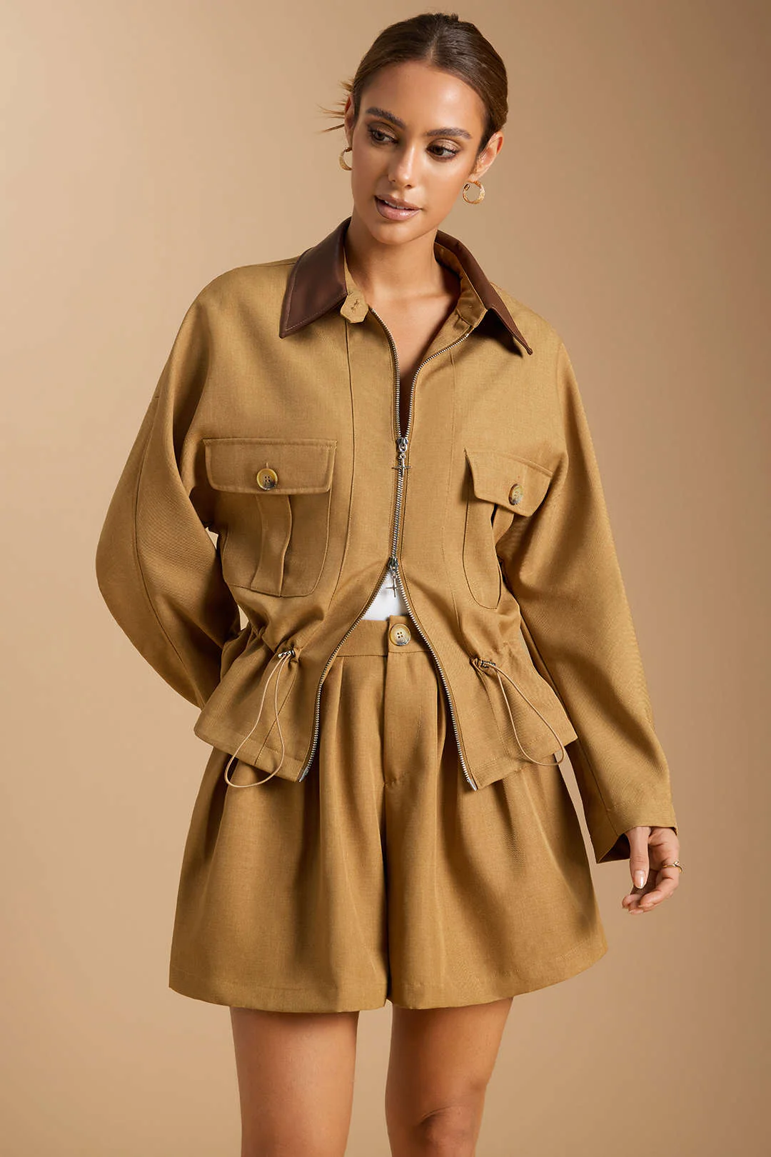 Zipper Patchwork Drawstring Batwing Sleeve Jacket