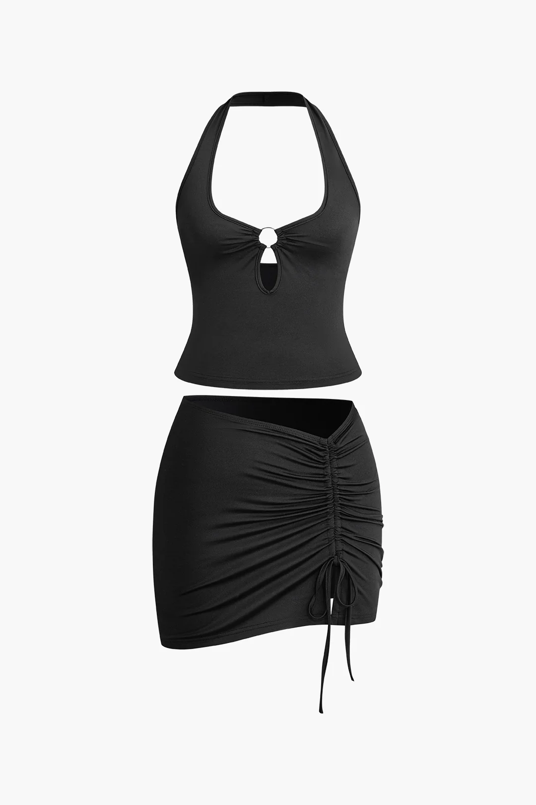 Halter Neck Metallic Decor Backless Cami Top And Drawstring Mini Skirt Set