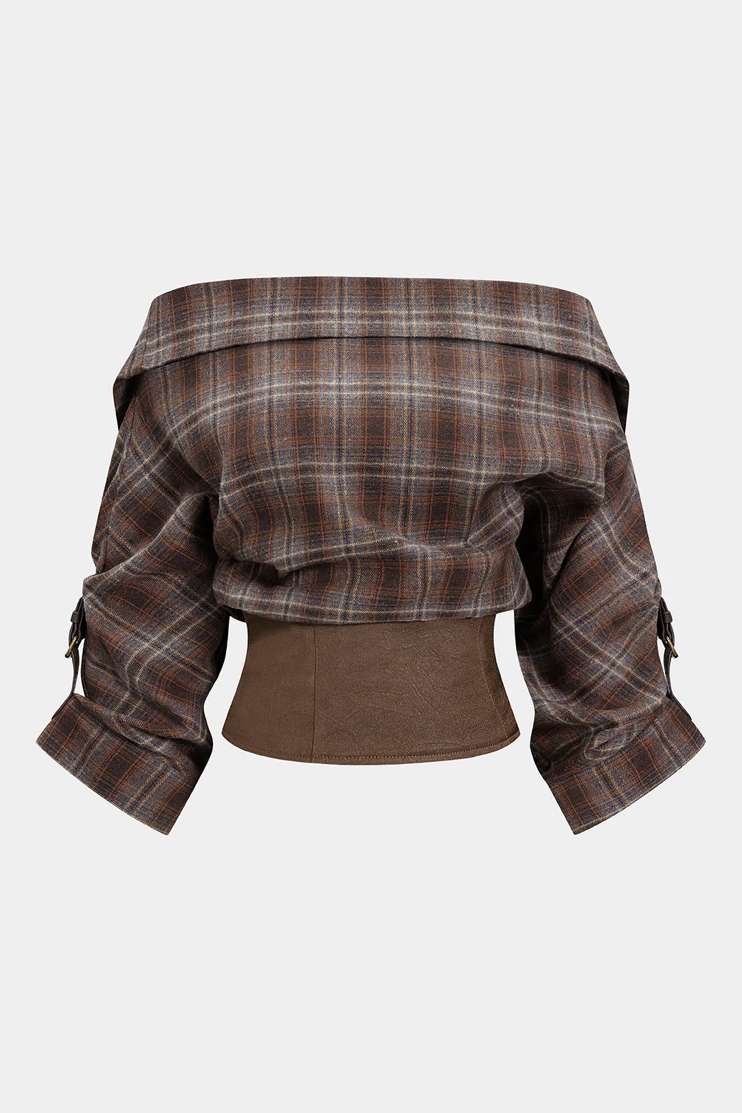 Plaid Print Satin Patchwork Off Shoulder Zipper Long-Sleeve Shirt