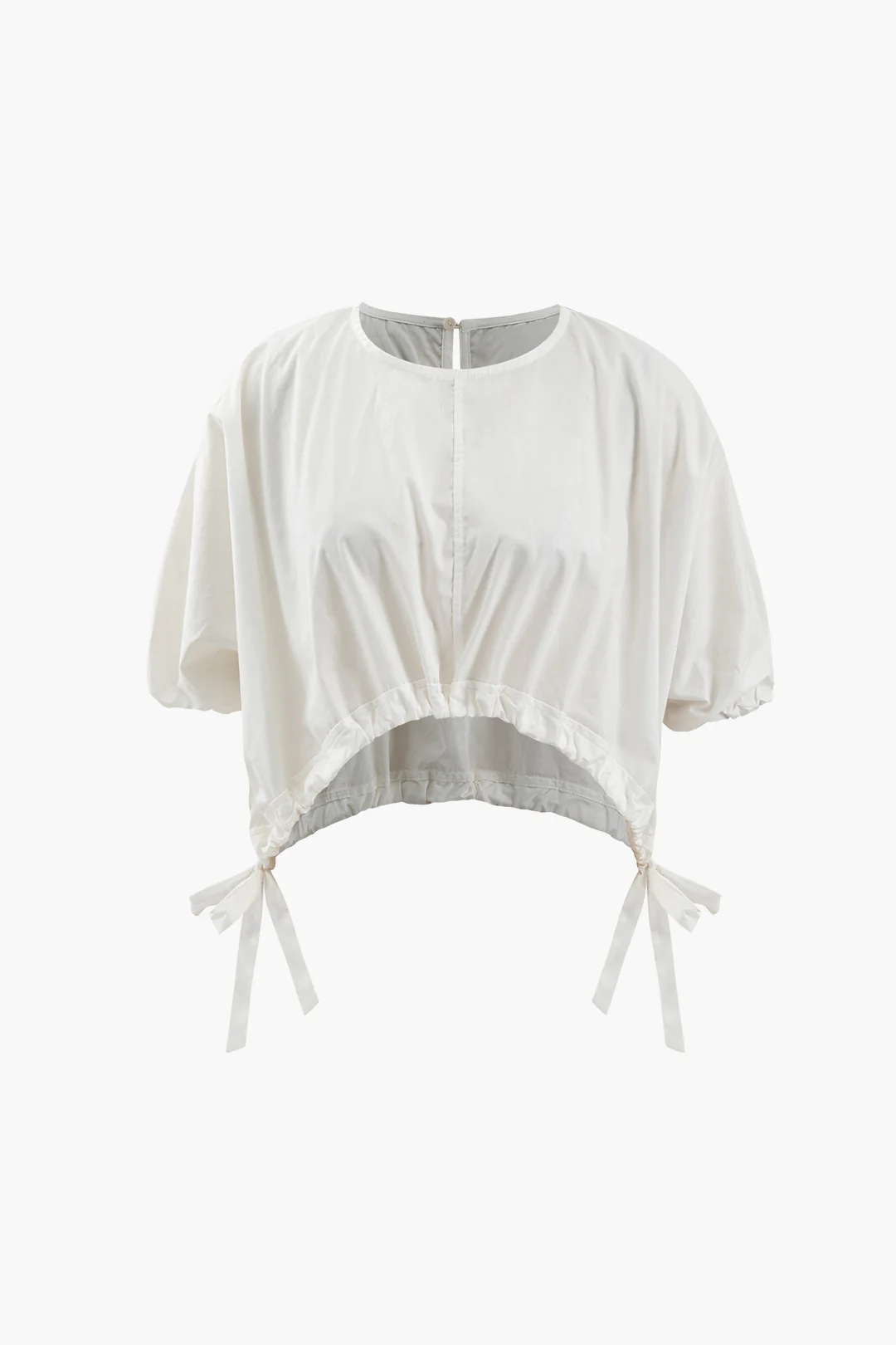 Solid Bow Drawstring Round Neck Short Sleeve T-Shirt