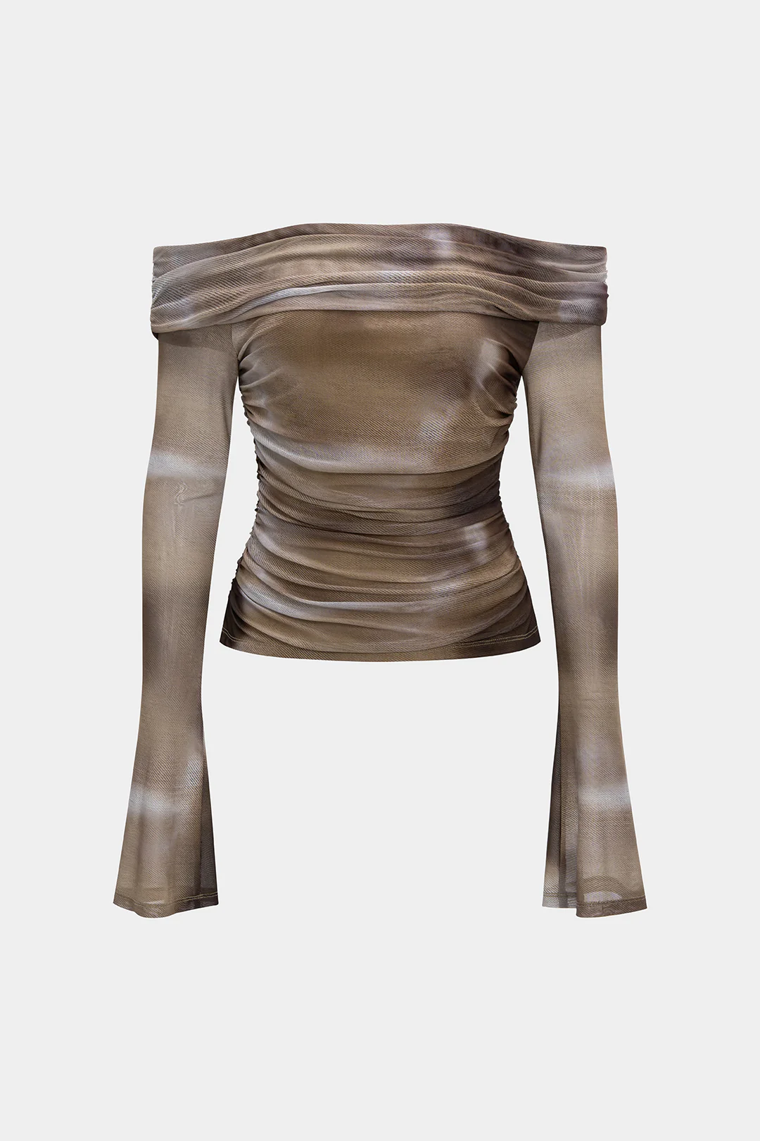 Abstract Tie Dye Ombre Print Mesh Off Shoulder Ruched Bell Sleeve Top