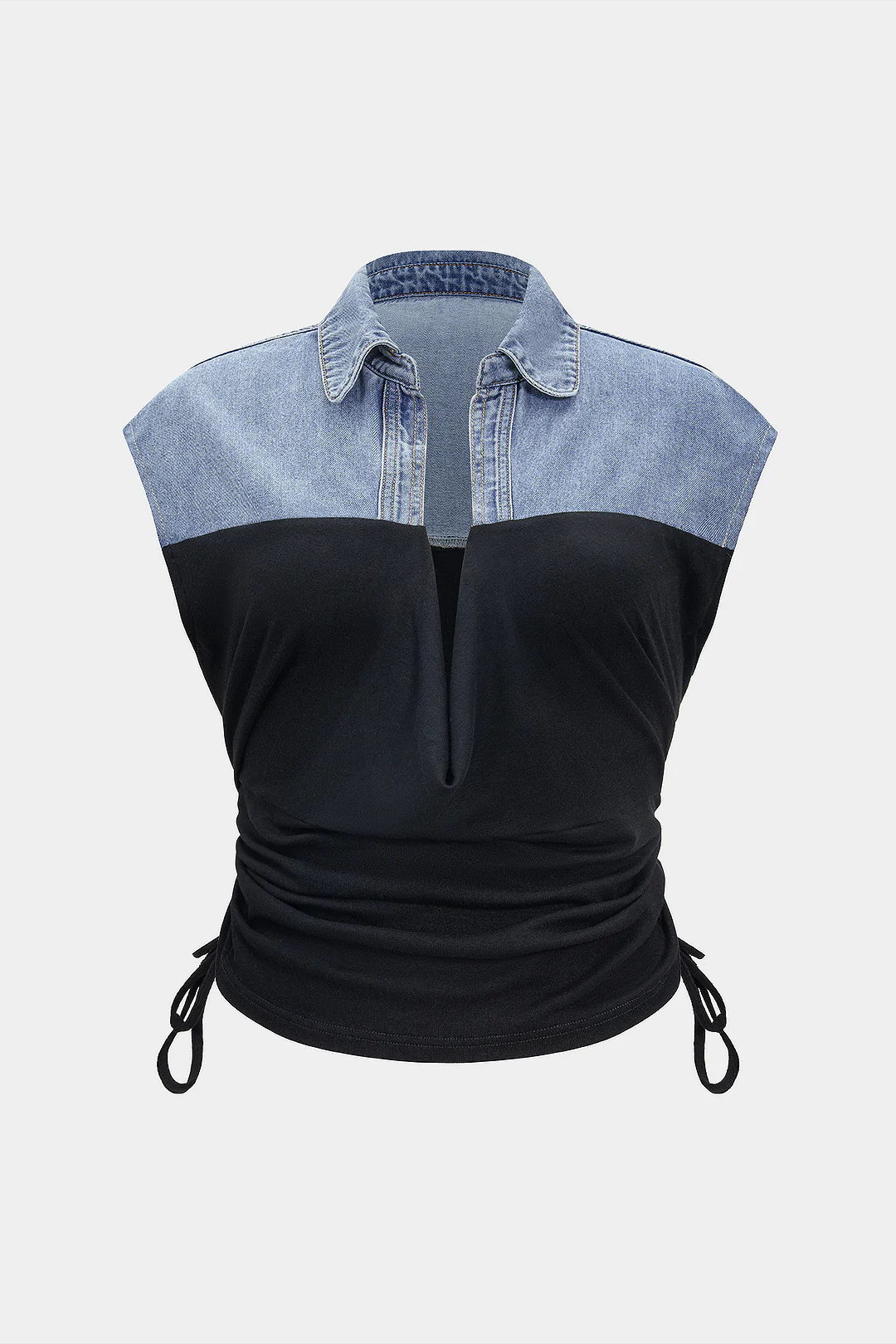Plus Size Denim Drawstring Patchwork Crop Top