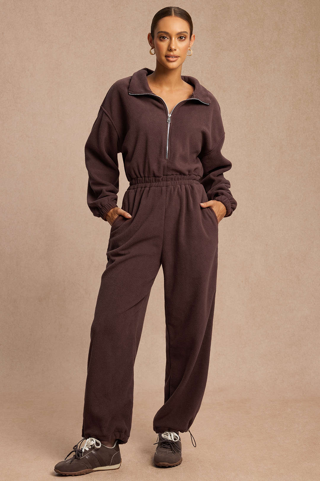 Shirred Drawstring Zipper Long Sleeve Jumpsuit