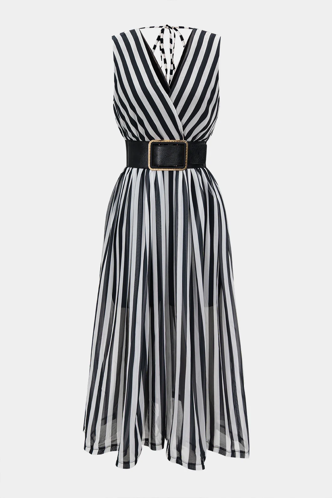 Stripes Print Chiffon Belted Tie Back Sleeveless Jumpsuit