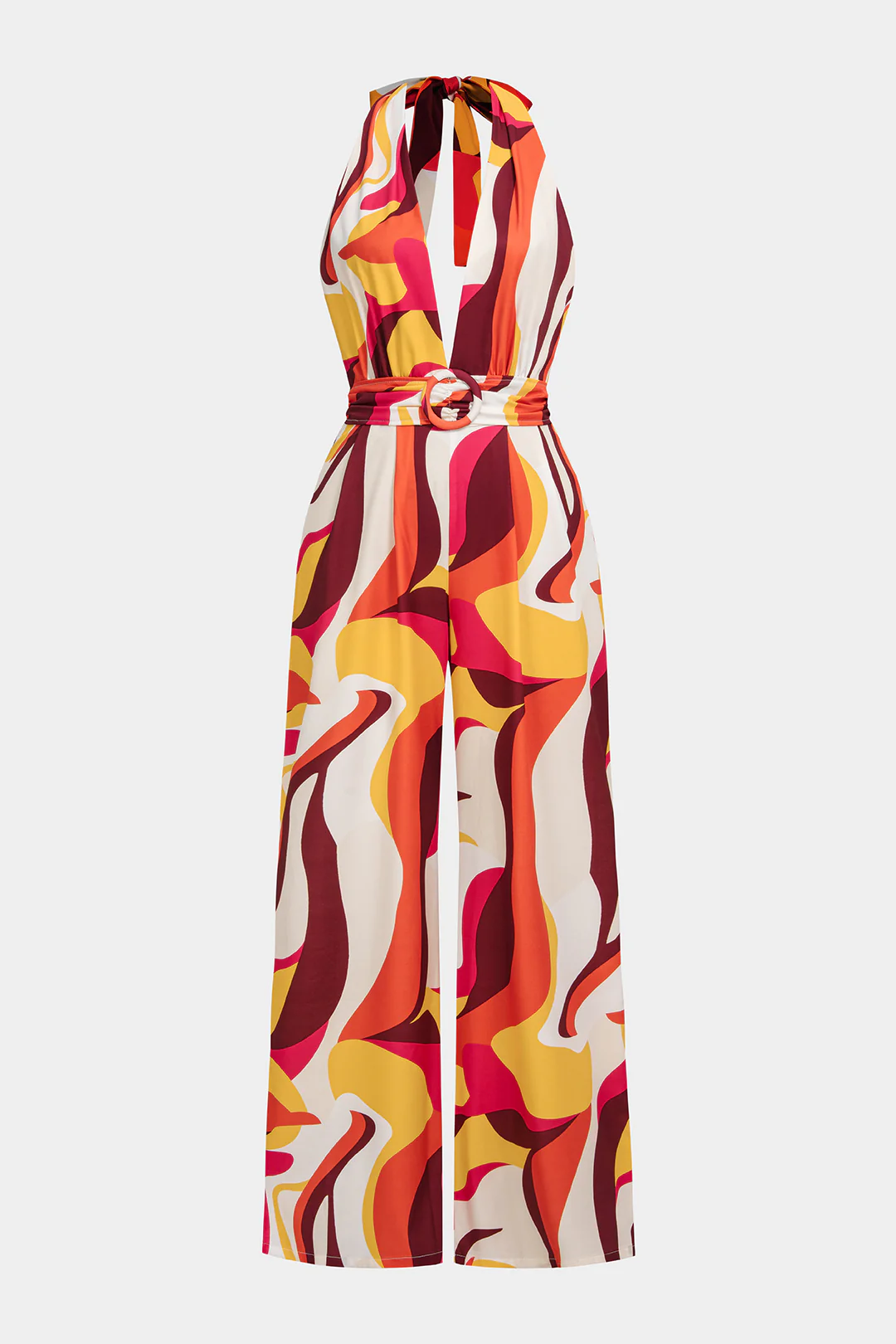 Geometric Print V-Neck Tie Back Backless Sleeveless Jumpsuit