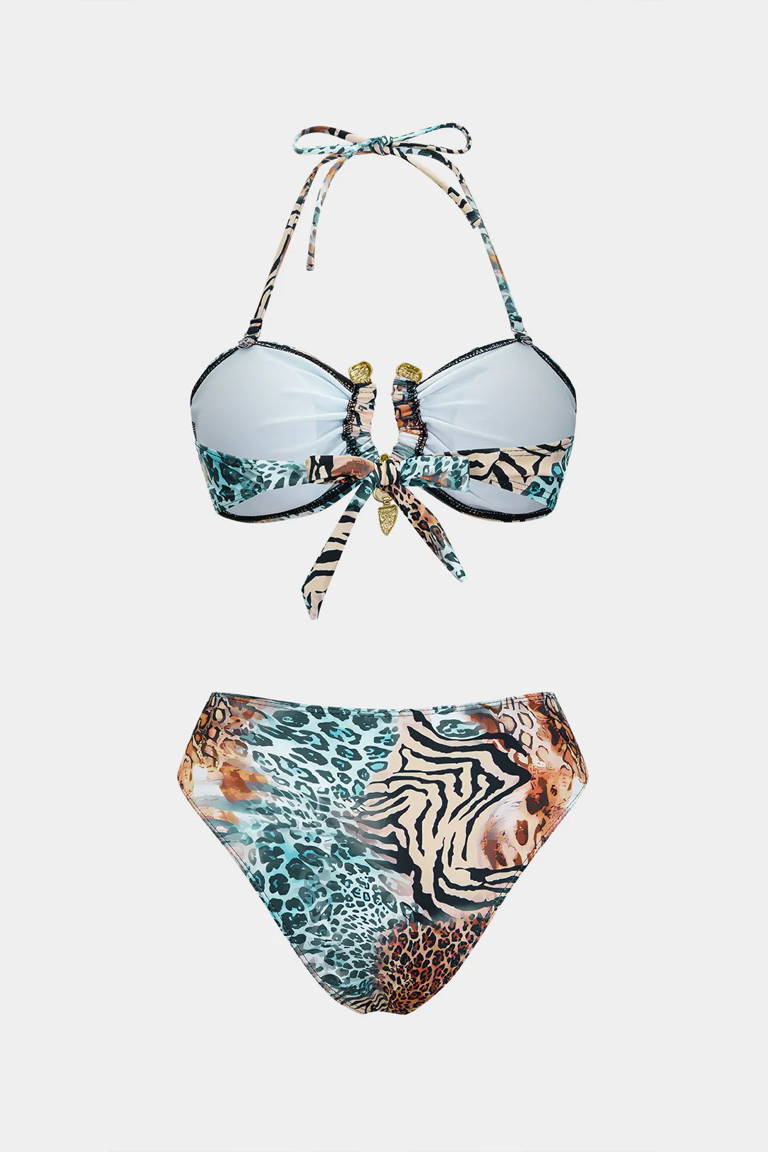 Leopard Print Metallic Decor Halter Tie Back Bikini Set - Image 7