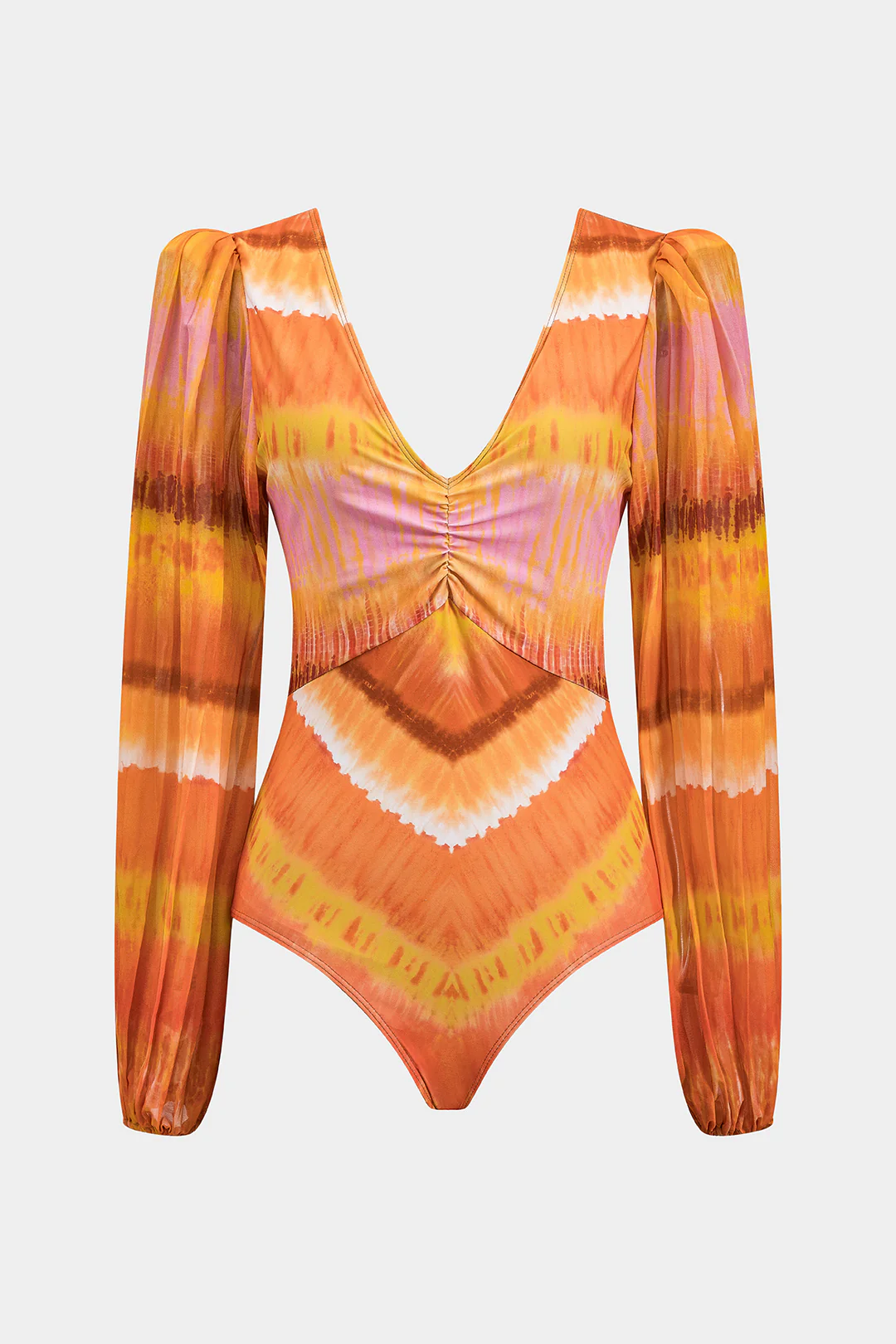 Ombre Print Chiffon Ruched Backless V-Neck One-Piece Swimsuit